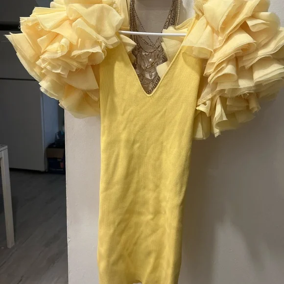 ZARA Organza Puff sleeve Bodycon Knit Mini Dress Yello... - Picture 4 of 5